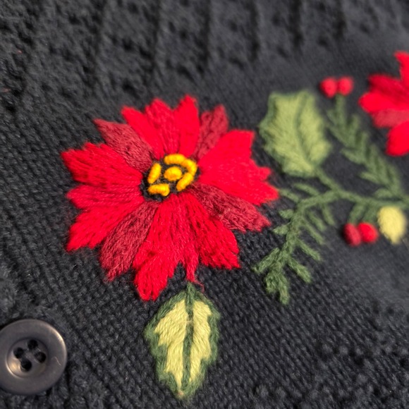 Liz Claiborne Petite Navy Blue Embroidered Holiday Floral Knit Cardigan Sweater - Picture 5 of 13